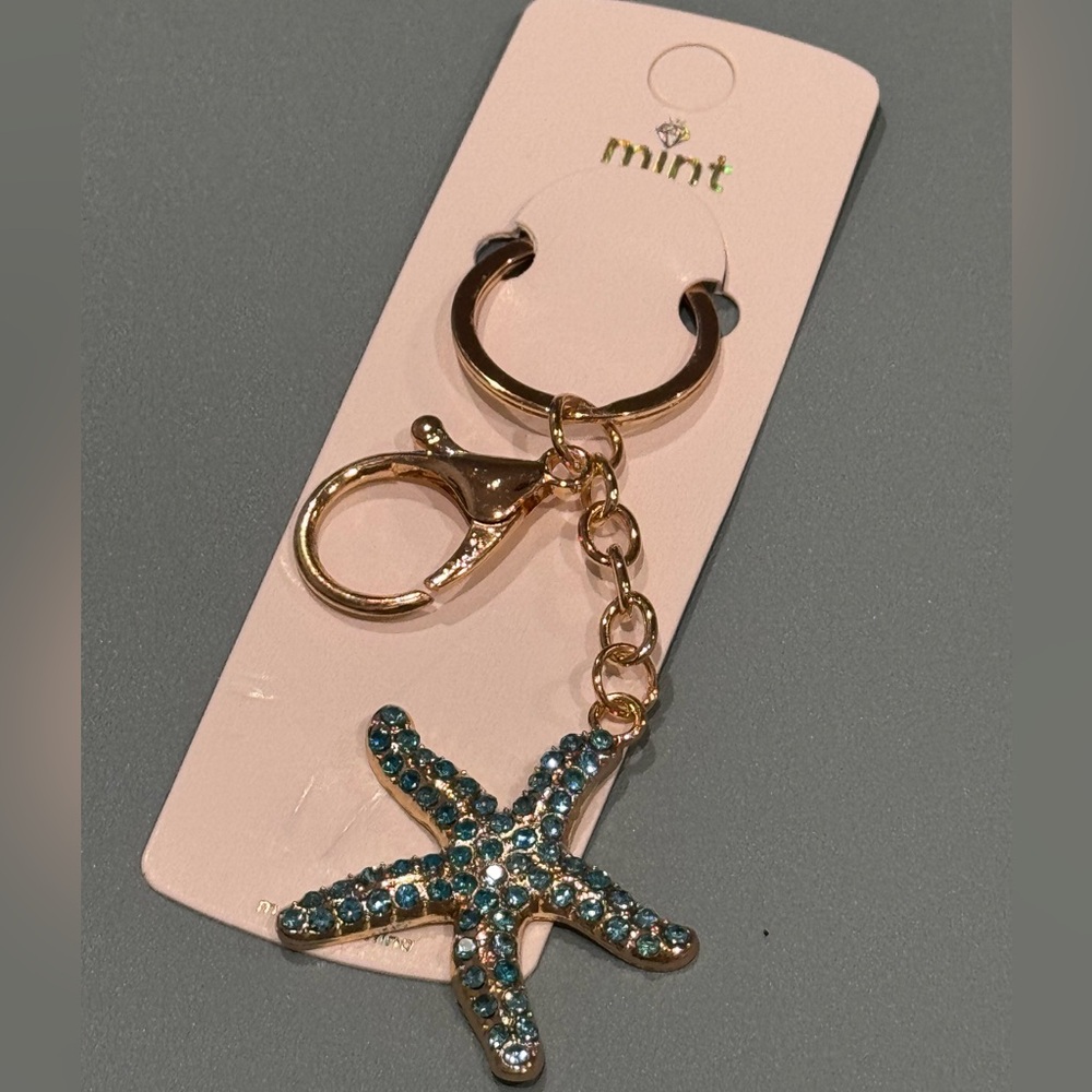 BAG CHARM Mint Starfish Keychain - Sparkly Crystal Sea Star Keyring Aqua & Gold